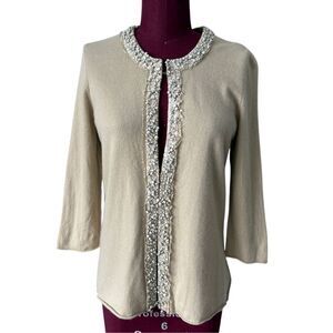 White + Warren Cashmere Cardigan size M Tan Beaded 3/4 sleeves